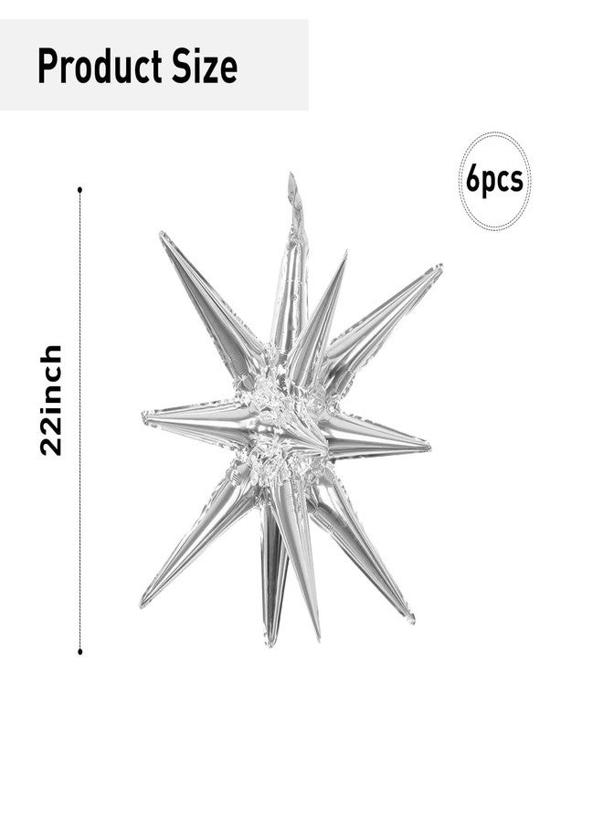 LAIAMER 6 Pcs Silver Star Foil Balloons One-Piece 14-Pointed Star Balloon 4D Starburst Cone Mylar Balloon 22inch Christmas Birthday Wedding Wedding Anniversary Party Supplies(Silver) - Image 2